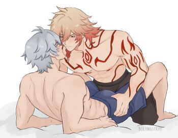 Rule 34 | 2boys, abs, antenna hair, arm tattoo, artist name, black shorts, blazingstrife, blonde hair, blue eyes, blue male underwear, blush, braid, bulge, chest tattoo, commentary, english commentary, eye contact, facial tattoo, gradient hair, hand on another's hip, highres, honkai: star rail, honkai (series), looking at another, male focus, male underwear, medium hair, multicolored hair, multiple boys, muscular, muscular male, mydei (honkai: star rail), phainon (honkai: star rail), red hair, red tattoo, short hair, shorts, side braid, tattoo, topless male, underwear, white background, white hair, yaoi, yellow eyes