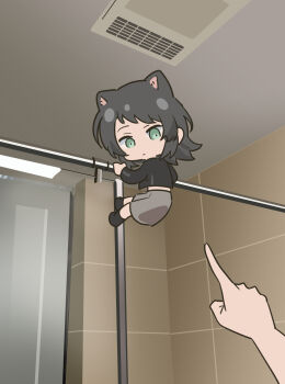 Rule 34 | 2girls, animal ears, bang dream!, bang dream! it's mygo!!!!!, bathroom, black jacket, blue eyes, climbing, grey skirt, highres, indoors, jacket, kemonomimi mode, mini person, multiple girls, pointing, skirt, yahata umiri, yzj21333