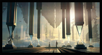 2others blue_sky building city_lights cloud commentary crystal english_commentary glass indoors light_rays multiple_others original painterly pillar raphael-lacoste scenery science_fiction sky stairs sunlight tower window