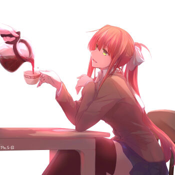 2girls absurdres artist_name blue_skirt bow brown_hair chair coffee coffee_mug coffee_pot cup doki_doki_literature_club elbows_on_table green_eyes highres long_hair looking_at_another looking_to_the_side monika_(doki_doki_literature_club) mug multiple_girls open_mouth out_of_frame pin.s ponytail pouring saucer school_uniform sitting skirt smile solo_focus speech_bubble table thighhighs venus_symbol very_long_hair yuri