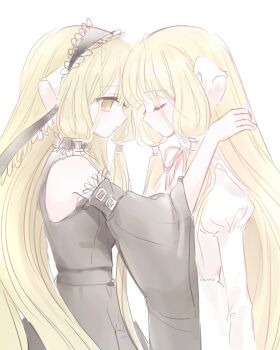 2girls black_dress black_hairband blonde_hair brown_eyes chii chobits closed_eyes closed_mouth detached_sleeves dress expressionless facing_another freya_(chobits) hairband highres juliet_sleeves long_hair long_sleeves looking_at_another low_twintails mipi_(u3u_00) multiple_girls puffy_sleeves robot_ears robot_girl simple_background sketch straight_hair twintails upper_body very_long_hair white_background white_dress wide_sleeves