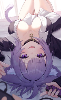 1girl :d absurdres animal_collar animal_ears bed_sheet black_cardigan black_collar blunt_bangs cardigan cat_ears cat_girl cat_tail collar collared_shirt commentary_request controller dress_shirt fang game_controller highres holding holding_controller holding_game_controller hololive looking_at_viewer lying messy_hair nekomata_okayu nekomata_okayu_(oversized_shirt) no_bra no_pants official_alternate_costume official_alternate_hairstyle on_back open_cardigan open_clothes open_mouth partially_unbuttoned purple_eyes purple_hair shirt short_hair skin_fang smile solo tail togemaru34 upside-down virtual_youtuber white_shirt