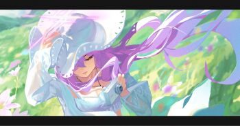 1girl aircctzillie atsuko_(blue_archive) atsuko_(swimsuit)_(blue_archive) bikini blue_archive camera closed_eyes field halo hat highres holding holding_camera jacket long_hair long_sleeves mixed-language_commentary official_alternate_costume official_alternate_hairstyle open_clothes open_jacket open_mouth purple_hair purple_halo see-through_clothes see-through_jacket solo sun_hat swimsuit white_bikini white_hat white_jacket