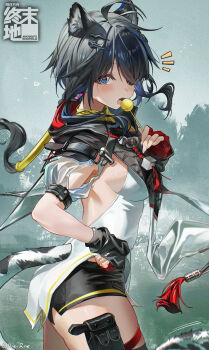 1girl absurdres animal_ear_fluff animal_ears arknights arknights:_endfield black_hair black_jacket black_shorts blue_eyes breasts candy commentary fingerless_gloves food gloves highres holding holding_candy holding_food holding_lollipop jacket lollipop long_hair looking_at_viewer medium_breasts mogurine open_clothes open_jacket red_gloves shirt short_shorts shorts sideboob sleeveless sleeveless_jacket solo tail tangtang_(arknights) tiger_ears tiger_girl tiger_tail very_long_hair white_shirt