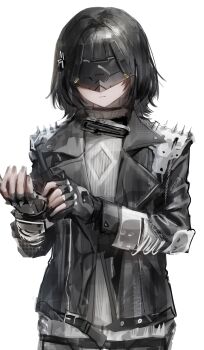 Rule 34 | 1girl, absurdres, adjusting clothes, adjusting gloves, alternate costume, arknights, arknights: endfield, black gloves, black hair, black jacket, black mask, blindfold mask, closed mouth, commentary, endministrator (arknights), facing viewer, female endministrator (arknights), fingerless gloves, gloves, highres, jacket, long sleeves, mask, medium hair, open clothes, open jacket, simple background, solo, sowb, spiked jacket, sweater, turtleneck, turtleneck sweater, upper body, white background, white sweater