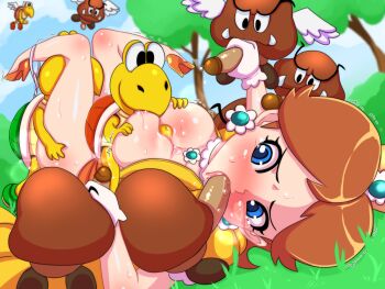 1girl 6+boys blue_eyes blush breasts brown_hair crown earrings erection fellatio flower_earrings flying gangbang goomba grabbing_another's_breast groping group_sex huge_penis jewelry kibazoku koopa_troopa leg_grab looking_at_viewer lying mario_(series) medium_breasts missionary monster multiple_boys nintendo open_mouth oral paizuri penis penis_grab piercing precum princess princess_daisy sex wings