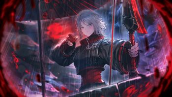 1girl archery_shooting_glove black_gloves black_jacket black_skirt blue_eyes bow cropped_jacket faust_(project_moon) fingerless_gloves game_cg gloves highres jacket limbus_company medium_hair nai_ga official_art partially_fingerless_gloves project_moon red_shirt shi_association_east_uniform shirt skirt solo umbrella white_hair