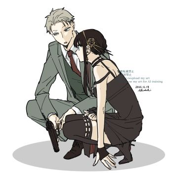 1boy 1girl absurdres akdk831 bare_shoulders black_boots black_dress black_hair black_shoes blonde_hair boots breasts collared_shirt commentary_request dated dress earrings flower formal_clothes full_body gold_earrings gold_hairband green_vest grey_jacket grey_pants grey_suit gun hair_flower hair_ornament hair_stick hairband handgun high_heel_boots high_heels highres holding holding_gun holding_weapon jacket jewelry listening long_hair looking_to_the_side medium_breasts necktie pants parted_bangs parted_lips red_necktie shirt shoes short_hair sidelocks signature spy_x_family squatting suit talking thigh_boots twilight_(spy_x_family) updo vest waistcoat weapon white_background white_shirt yor_briar