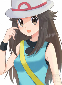 1girl :d aoneko4ao_(edwf7745) breasts brown_eyes brown_hair commentary_request eyelashes hair_flaps hand_up happy hat highres leaf_(pokemon) long_hair nintendo open_mouth pokemon pokemon_frlg shirt sidelocks sleeveless sleeveless_shirt smile solo strap upper_body watermark wristband