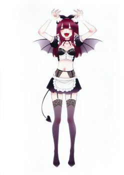 1girl adjusting_clothes adjusting_headwear arms_up bat_wings black_ribbon black_shoes black_skirt blush breasts closed_eyes cosplay demon_girl demon_horns demon_tail demon_wings fake_horns fake_pointy_ears fake_tail fake_teeth fangs fukuda_shinichi full_body garter_straps hair_ornament hair_ribbon high_heels highres horns kitagawa_marin lingerie long_hair looking_at_viewer maid medium_breasts neck_ribbon official_art pointy_ears puffy_short_sleeves puffy_sleeves red_hair red_ribbon ribbon rizu-kyun rizu-kyun_(cosplay) shoes short_sleeves simple_background skirt sono_bisque_doll_wa_koi_wo_suru standing tail thighhighs third-party_source unconventional_maid underwear white_background wings wrist_cuffs wrist_ribbon