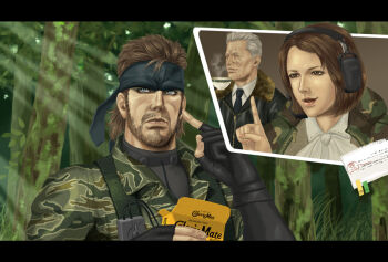 1girl 2boys bandana big_boss brown_hair caloriemate camouflage cup facial_hair food grey_hair headphones major_zero metal_gear_(series) metal_gear_solid_3:_snake_eater multiple_boys naked_snake para-medic_(mgs3) scar teacup tera_(no_reason) tree