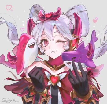 1girl baekryang bare_shoulders bow bowtie dress gloves hair_between_eyes hair_ornament heart heart_of_hope_juno juno_(overwatch) long_hair magical_girl multicolored_hair official_alternate_costume overwatch pink_bow purple_eyes shark smile solo streaked_hair upper_body wings