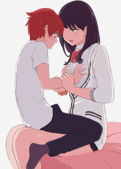 1boy 1girl age_difference assertive_female black_legwear blouse blue_eyes breasts bulge erection erection_under_clothes femdom grabbing_another's_breast grey_background gridman_universe groping guided_breast_grab guiding_hand hand_on_another's_chest height_difference hetero hibiki_yuuta holding_another's_wrist mizuno_(pixiv31352320) onee-shota red_hair school_uniform scrunchie shirt shota ssss.gridman straddling takarada_rikka teenage_girl_and_younger_boy thighs white_shirt