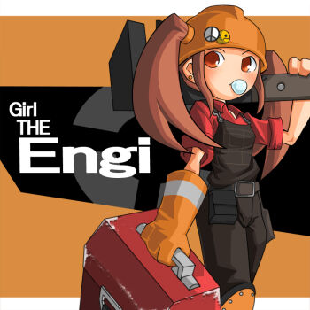 1girl blowing_bubble_gum blowing_bubbles brown_hair chewing_gum engineer_(tf2) female_focus genderswap genderswap_(mtf) gloves helmet long_hair mr_kunimitsu orange_eyes overalls red_engineer_(tf2) solo team_fortress_2 toolbox twintails wrench