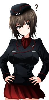 Rule 34 | 1girl, ?, absurdres, aikir (jml5160), black hat, black jacket, blush, breast pocket, breasts, brown eyes, brown hair, closed mouth, collared shirt, cross, dress shirt, garrison cap, girls und panzer, hair between eyes, hands on own hips, hat, highres, jacket, kuromorimine military uniform, large breasts, long sleeves, looking at viewer, military, military hat, military uniform, miniskirt, nishizumi maho, pleated skirt, pocket, red shirt, red skirt, shirt, short hair, simple background, skirt, solo, standing, white background