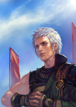 1boy blue_eyes blue_sky closed_mouth commentary_request fingerless_gloves fist_in_hand flag gloves katou_kiyomasa_(sengoku_musou) kdash looking_ahead male_focus outdoors sengoku_musou short_hair sky solo upper_body white_hair