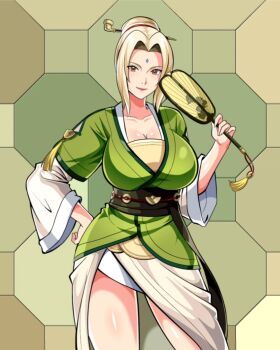 1girl aliasing blonde_hair breasts brown_eyes cleavage collarbone commentary contrapposto cowboy_shot english_commentary facial_mark forehead_mark hair_bun hand_fan hand_on_own_hip heyreza.art high-low_skirt highres holding holding_fan huge_breasts japanese_clothes naruto_(series) obi red_lips sash single_hair_bun smoking_pipe solo tsunade_(naruto) wide_sleeves