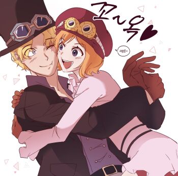 Rule 34 | 1boy, 1girl, belt, belt buckle, black hat, black jacket, blonde hair, blue eyes, blue shirt, brown gloves, buckle, cheek-to-cheek, closed mouth, commentary request, gloves, goggles, goggles on headwear, hat, heads together, heart, highres, hug, jacket, koala (one piece), korean commentary, long sleeves, looking at another, milgam straw, one eye closed, one piece, open mouth, orange hair, pink shirt, sabo (one piece), scar, scar on face, shirt, short hair, smile, speech bubble, translation request, upper body