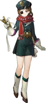 1girl absurdres aima_(reverse:1999) artist_request braid braided_hair_rings brown_hair closed_mouth eyepatch gloves hair_rings hat highres holding hole_puncher official_art peaked_cap red_scarf reverse:1999 scarf smile solo third-party_source train_attendant transparent_background travel_attendant white_gloves