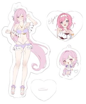 Rule 34 | 1girl, ;), bikini, blue eyes, breasts, character name, chibi, chinese commentary, clothes writing, commentary request, diamond-shaped pupils, diamond (shape), elf, elysia (herrscher of human: ego) (honkai impact), elysia (honkai impact), elysia (miss pink elf) (honkai impact), elysia (summer 2023) (honkai impact), elysia (summer 2024) (honkai impact), elysia (summer miss elf) (honkai impact), full body, hairband, heart, heart necklace, honkai (series), honkai impact 3rd, jewelry, large breasts, long hair, midriff, multiple views, navel, necklace, official alternate costume, one eye closed, pink hair, pointy ears, purple bikini, purple eyes, rin (bakariiin), sandals, sarong, simple background, smile, swimsuit, symbol-shaped pupils, two-tone shirt, very long hair, white background, white bikini, white hairband