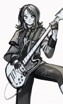 Rule 34 | 1girl, bang dream!, bang dream! it's mygo!!!!!, bass guitar, capelet, closed mouth, commentary, fingerless gloves, gloves, guitar, highres, instrument, medium hair, music, pants, playing guitar, playing instrument, simple background, solo, split mouth, symbol-only commentary, timoris (bang dream!), white background, yahata umiri, yoyoray20001996