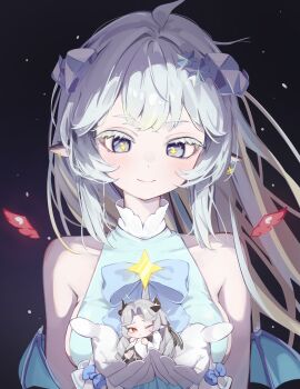 2girls ;/ absurdres animal_ears aqua_wings armpit_crease bare_shoulders blue_bow blue_eyes blue_ribbon bow breasts chibi closed_mouth collarbone commentary cross-shaped_pupils daya_(trickcal) detached_wings dot_nose double-parted_bangs gloves hair_ornament halterneck high_collar highres in_palm large_breasts light_blush light_smile long_hair looking_at_another mawe127 mini_person minigirl multiple_girls one_eye_closed raised_inner_eyebrows red_wings ribbon sideboob sleeveless smile symbol-shaped_pupils tears tears_from_one_eye trickcal upper_body vivi_(trickcal) white_gloves white_hair wings wrist_bow yellow_pupils