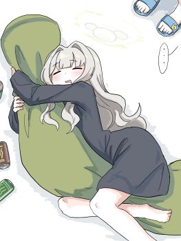 Rule 34 | ..., 2girls, barefoot, black dress, blue archive, blue sandals, can, chihiro (blue archive), chihiro (pajamas) (blue archive), closed eyes, commentary request, dress, drink can, drooling, green pillow, hair intakes, halo, hare (blue archive), hare (pajamas) (blue archive), highres, hugging object, long hair, long sleeves, lying, mouth drool, multiple girls, on ground, pillow, pillow hug, sandals, sleeping, solo focus, spoken ellipsis, tachikaze miyako, upper body, wavy hair