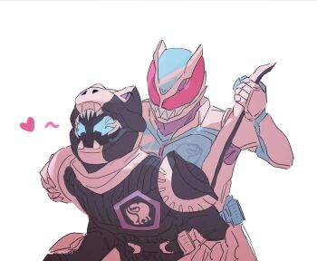 2boys aouno armor belt blue_eyes demon demon_boy demon_tail dinosaur dinosaur_tail heart helmet highres igarashi_ikki kamen_rider kamen_rider_revi kamen_rider_revice kamen_rider_vice lofter_username male_focus mask masked masked_male multiple_boys pink_armor pink_eyes pink_scarf pulling_tail scarf sharp_teeth tail tail_pull teeth tyrannosaurus_rex vice_(kamen_rider_revice)