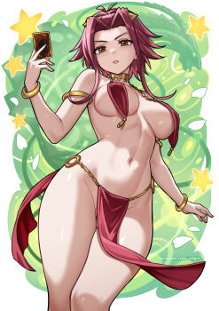 1girl armlet black_rose_dragon bracelet breast_curtains breasts brown_eyes card duel_monster falling_petals forehead gold_armlet gold_bracelet green_background groin hair_intakes highres holding holding_card izayoi_aki jewelry large_breasts looking_at_viewer navel neck_ring parted_lips pelvic_curtain petals red_hair redjet solo star_(symbol) stomach thighs yu-gi-oh! yu-gi-oh!_5d's