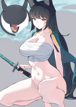 1girl absurdres animal_ear_fluff animal_ears arm_behind_back bare_arms barefoot black_hair blunt_bangs bottomless braid breasts bright_pupils chest_sarashi cleavage collarbone commentary_request convenient_leg eyeball feet_out_of_frame fox_ears fox_girl green_jacket grey_background half_up_braid hand_up highres holding holding_sheath hoshimi_miyabi jacket jacket_on_shoulders katagiri_nanoka katana large_breasts long_hair looking_at_viewer parted_lips partial_commentary red_eyes sarashi sheath simple_background solo spread_legs squatting sword tailless_(zenless_zone_zero) tiptoes unsheathing very_long_hair weapon white_pupils zenless_zone_zero