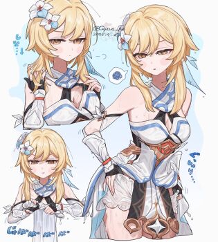 1girl :t adjusting_clothes bare_shoulders black_gloves blonde_hair blush breasts closed_mouth commentary_request dated detached_sleeves dress flower genshin_impact gloves hair_between_eyes hair_flower hair_ornament hands_up lumine_(genshin_impact) medium_breasts multiple_views parted_lips partially_fingerless_gloves q_(oshikuraq) short_hair_with_long_locks sleeveless sleeveless_dress twitter_username wet wet_clothes white_dress white_flower white_sleeves wringing_clothes yellow_eyes