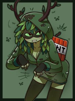 Rule 34 | 1girl, adventure time, black eyes, blush, breasts, colored sclera, explosive, fingerless gloves, gloves, green background, green sclera, highres, hood, horns, huntress wizard, mask, medium breasts, minecraft, plant hair, solo, tnt, tnt block (minecraft), usmangaa