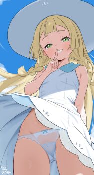 1girl arm_behind_back blonde_hair blue_sky blush braid breasts cameltoe clothes_lift cloud day dress eyelashes finger_to_mouth from_below green_eyes grin hand_up hat index_finger_raised lillie_(pokemon) loli long_hair looking_at_viewer looking_down moai_t naughty_face nintendo outdoors panties pokemon pokemon_sun_and_moon see-through_clothes shushing sky sleeveless sleeveless_dress small_breasts smile solo sun_hat sundress thong twin_braids underwear white_dress white_panties wind wind_lift