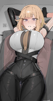 1girl arm_strap arms_up azz0422 black_choker black_pants blunt_bangs breasts chest_harness choker commentary elbow_gloves english_commentary evelyn_chevalier gloves hair_up half_gloves harness high-waist_pants highres necktie pants purple_eyes qr_code single_elbow_glove single_half_glove solo thigh_gap tight_clothes tight_pants yellow_necktie zenless_zone_zero