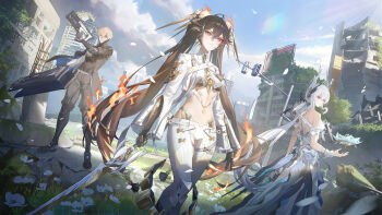 1boy 2girls absurdres asymmetrical_dual_wielding black_hair black_jacket black_pants blonde_hair blue_sky breasts commentary_request day dress dual_wielding gun hand_up headgear highres holding holding_gun holding_sword holding_weapon jacket lee:_hyperreal_(pgr) lee_(pgr) liv:_eclipse_(pgr) liv_(pgr) long_hair long_sleeves lucia:_pyroath_(pgr) lucia_(pgr) mechanical_arms mechanical_hands medium_breasts multiple_girls navel outdoors pants punishing:_gray_raven shrug_(clothing) sky stomach sword ttk_(kirinottk) twintails weapon white_dress white_pants white_shrug