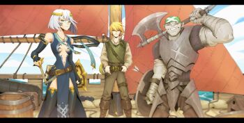 absurdres armor bandana blonde_hair blue_eyes blunt_bangs boat brown_eyes captain_gnish cleric fantasy freyja_weiss grey_eyes gull_nullminar half-elf half-orc highres huge_filesize ohmsart pirate watercraft white_hair