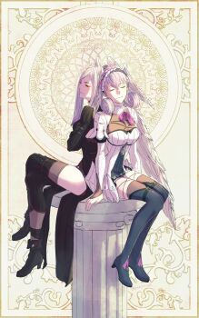 2girls back-to-back braid breasts closed_eyes column crossed_arms crown_braid head_wings high_heels highres juliet_sleeves long_sleeves medium_breasts melia_antiqua multiple_girls nintendo o-ring pillar puffy_sleeves siblings silver_hair sisters sitting smile tailcoat thighhighs tyrea_(xenoblade) wings xenoblade_chronicles xenoblade_chronicles:_future_connected xenoblade_chronicles_(series) xenoblade_chronicles_1 yumiyoiyoi