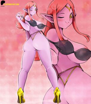 1girl absurdres alternate_costume ass ass_focus bra breasts chronoa colored_skin dragon_ball dragon_ball_heroes flatpancakesjim high_heels highres large_breasts lingerie looking_at_viewer one_eye_closed orange_hair over_shoulder patreon_username pink_skin chronoa thick_thighs thighs topless_female transparent underwear unworn_bra wide_hips wink