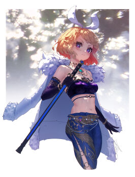 1girl absurdres bandeau blonde_hair blue_pants bracelet coat coat_on_shoulders commentary_request cropped_legs eki_lee elbow_gloves fang frown fur-trimmed_coat fur_trim gloves highres holding holding_sheath holding_sword holding_weapon jewelry kino_(nebula_beat) midriff multiple_necklaces navel nebula_beat necklace o-ring pants purple_bandeau purple_eyes purple_gloves serious sheath sheathed short_hair skin_fang solo sword v-shaped_eyebrows virtual_youtuber weapon white_coat