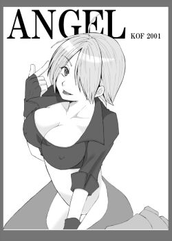 1girl angel_(kof) breasts cleavage collared_shirt commentary_request covered_erect_nipples crop_top crotchless crotchless_panties fingerless_gloves foot_out_of_frame gloves greyscale hair_over_one_eye index_finger_raised large_breasts looking_at_viewer monochrome no_panties panties shirt short_hair sitting solo suzuki_yuuma the_king_of_fighters tongue tongue_out underwear wariza