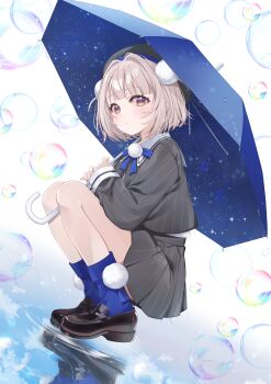1girl absurdres beret black_hat black_shirt black_shoes black_skirt blue_socks blue_umbrella bubble closed_mouth commentary_request dot_mouth grey_hair hair_ornament haruki_(colorful_macaron) hat highres light_blush loafers looking_at_viewer miniskirt pleated_skirt pom_pom_(clothes) pom_pom_hair_ornament red_eyes reflection reflective_liquid ripples shirt shoes short_hair skirt socks solo squatting striped_clothes striped_shirt striped_skirt ui_(voisona) umbrella vertical-striped_clothes vertical-striped_shirt vertical-striped_skirt voisona water