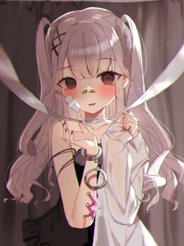1girl @_@ black_dress blush bound brown_eyes cuffs dress gauze gauze_on_cheek grey_hair handcuffs hands_up hayu_(hayu0305) long_hair looking_at_viewer original parted_lips ribbon ribbon_bondage solo strap_slip two_side_up upper_body