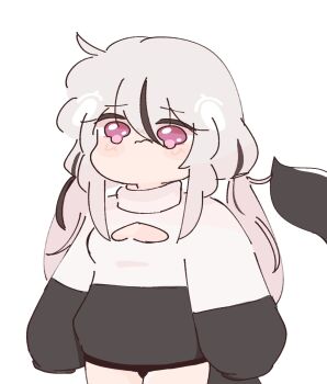 1girl artist_self-insert black_hair black_shorts blush_stickers cetacean_tail chibi chonkyorca closed_mouth commentary cowboy_shot english_commentary fins fish_tail grey_hair hair_between_eyes highres long_hair long_sleeves low_twintails multicolored_hair orca_(chonkyorca) original puffy_long_sleeves puffy_sleeves purple_eyes shirt short_shorts shorts simple_background sleeves_past_fingers sleeves_past_wrists solo standing streaked_hair tail tears twintails very_long_hair wavy_mouth white_background white_shirt