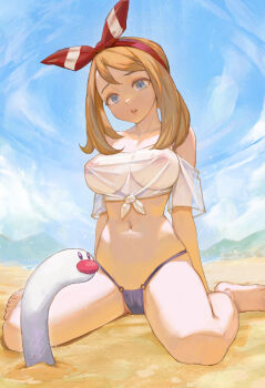 1girl barefoot beach bikini blue_bikini blue_eyes blue_sky breasts brown_hair cloud covered_erect_nipples full_body gen_9_pokemon hairband large_breasts may_(pokemon) mountainous_horizon navel nintendo nipples off-shoulder_shirt off_shoulder outdoors parted_lips pokemon pokemon_oras red_hairband sand see-through_clothes see-through_shirt shirt short_sleeves sitting sky solo swimsuit thighs tied_shirt wariza white_shirt wiglett yugen99
