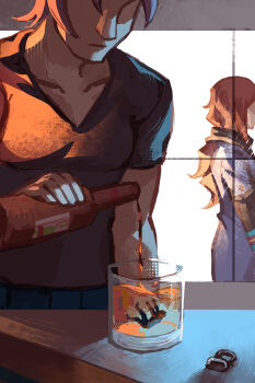 1girl 2boys absurdres alcohol alt_text black_scarf black_shirt bottle brown_hair closed_mouth collarbone commentary cup dress drinking_glass dual_persona english_commentary handsometimr highres holding holding_bottle junpei_(kyokugen_dasshutsu) kurashiki_akane kyokugen_dasshutsu kyokugen_dasshutsu:_9_jikan_9_nin_9_no_tobira long_hair mini_person miniboy multiple_boys pouring purple_dress scarf shirt short_hair short_sleeves shot_glass solo_focus submerged unworn_ring v-neck window zero_escape:_toki_no_dilemma