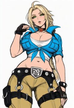 Rule 34 | 1girl, ahoge, arm up, belt, belt buckle, black choker, black gloves, blonde hair, blue shirt, blush, breasts, buckle, choker, cleavage, clenched hand, clothing cutout, collarbone, cowboy shot, crop top, curtained hair, elsa bloodstone, eyelashes, eyeshadow, fingerless gloves, fist pump, flower choker, from below, front-tie top, gem, glove cutout, gloves, gracklez, green eyes, hair tie, hand on own thigh, harness belt, highres, large breasts, long hair, looking at viewer, looking down, makeup, marvel, marvel rivals, navel, official alternate costume, open mouth, pouch, red gem, scoop neck, shirt, shirt under shirt, sidelocks, simple background, solo, studded belt, studded gloves, teeth, thick eyebrows, tied shirt, tongue, upper teeth only, very long hair, white background, yellow eyeshadow