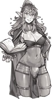 1girl alternate_costume blush bodystocking book breasts cleavage commentary cosplay covered_navel english_commentary fire_emblem fire_emblem_awakening grin hair_ornament hand_on_own_hip highres jewelry large_breasts long_hair looking_at_viewer mole nintendo open_book pelvic_curtain pointy_ears ponytail sakuremi sidelocks signature simple_background smile solo standing tharja_(fire_emblem) tharja_(fire_emblem)_(cosplay) thighs tiki_(adult)_(fire_emblem) tiki_(fire_emblem)