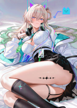 1girl absurdres aqua_necktie black_skirt black_socks blonde_hair bra braid braided_bangs breasts closed_mouth earrings fingernails gradient_hair hair_between_eyes hair_ornament hair_spread_out headphones headphones_around_neck highres id_card jacket jewelry long_fingernails long_hair looking_at_viewer lynae_(wuthering_waves) medium_breasts multicolored_hair nail_polish necklace necktie open_clothes open_shirt panties pantyshot partially_visible_vulva purple_eyes ru_zhai shirt shirt_tucked_in skirt skull_hair_ornament smile socks solo star_(symbol) star_earrings tacet_mark_(wuthering_waves) underwear white_bra white_jacket white_panties white_shirt wuthering_waves