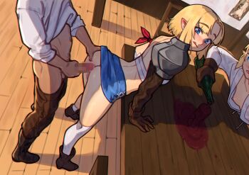 1boy 2girls :q alcohol armband armor ass bandeau bent_over blonde_hair blue_eyes blue_skirt blush boots bottle breasts censored chair clothes_lift clothes_pull elbow_gloves elf erection gloves hand_on_another&#039;s_ass hand_on_own_penis imminent_anal imminent_penetration kneehighs leather leather_gloves looking_back multiple_girls neliel_(nilsunna) nipples no_panties original overflowing pants pants_pull pauldrons penis pointy_ears pouring red_armband shirt_lift short_hair shoulder_armor skirt small_breasts socks spread_ass sunna_(nilsunna) table tongue tongue_out uncensored wine wine_bottle wooden_chair wooden_floor wooden_table