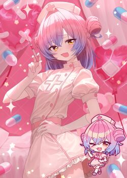 1girl absurdres balloon blush breasts chibi chibi_inset commentary_request cowboy_shot crossed_bangs double_bun dress elbow_gloves fang gloves gradient_hair hair_between_eyes hair_bun hand_on_own_hip hat heart_balloon highres holding holding_syringe looking_at_viewer multicolored_hair multiple_views nurse nurse_cap okubatomaeba open_mouth original pill pink_background pink_hair puffy_short_sleeves puffy_sleeves short_hair short_sleeves small_breasts smile syringe white_dress white_gloves white_hat yellow_eyes
